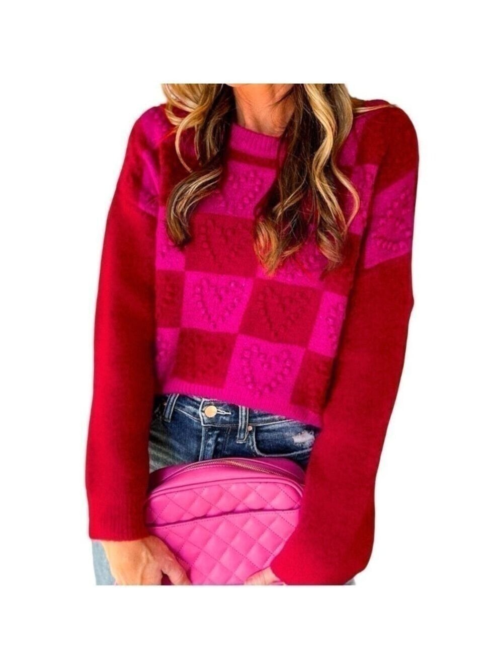 Multicolor Checkered Pattern Heart Detail Textured Sweater Women’s Size Large